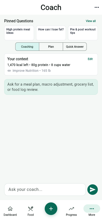 MyFitLife Coach Milo screen with response modes and nutrition context