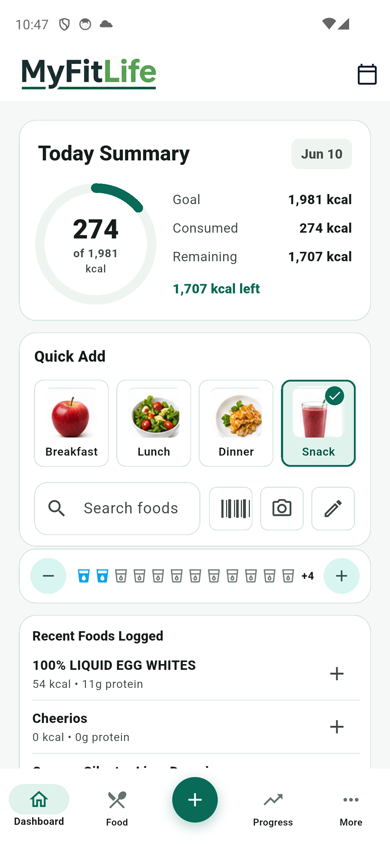 MyFitLife dashboard showing nutrition totals after food logging