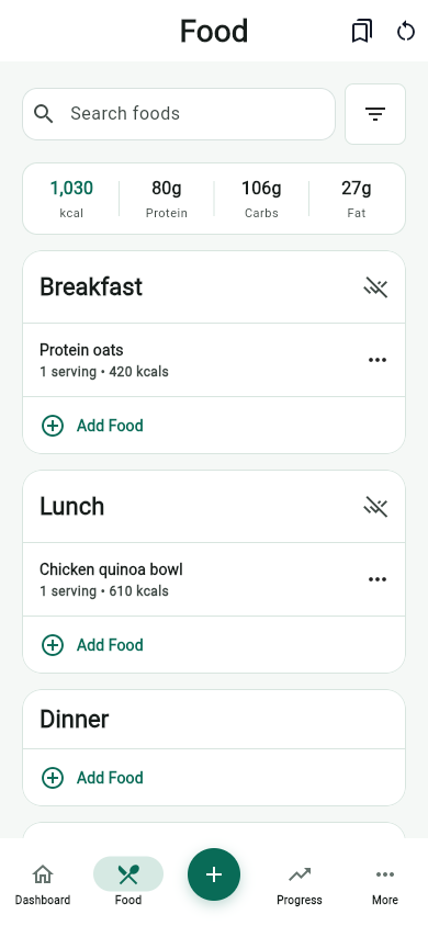 MyFitLife Food screen showing food entries and daily nutrition totals