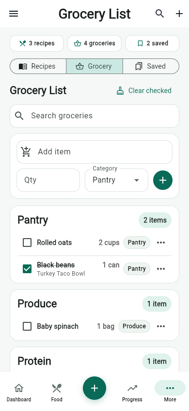 MyFitLife grocery list screen with organized shopping categories and nutrition planning context
