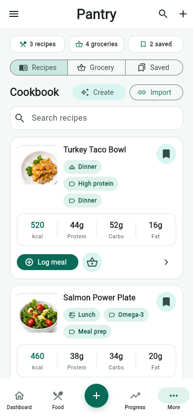 MyFitLife pantry screen with saved meal and ingredient planning tools