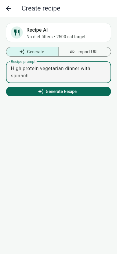 MyFitLife Recipe AI screen helping plan flavorful meals from available ingredients