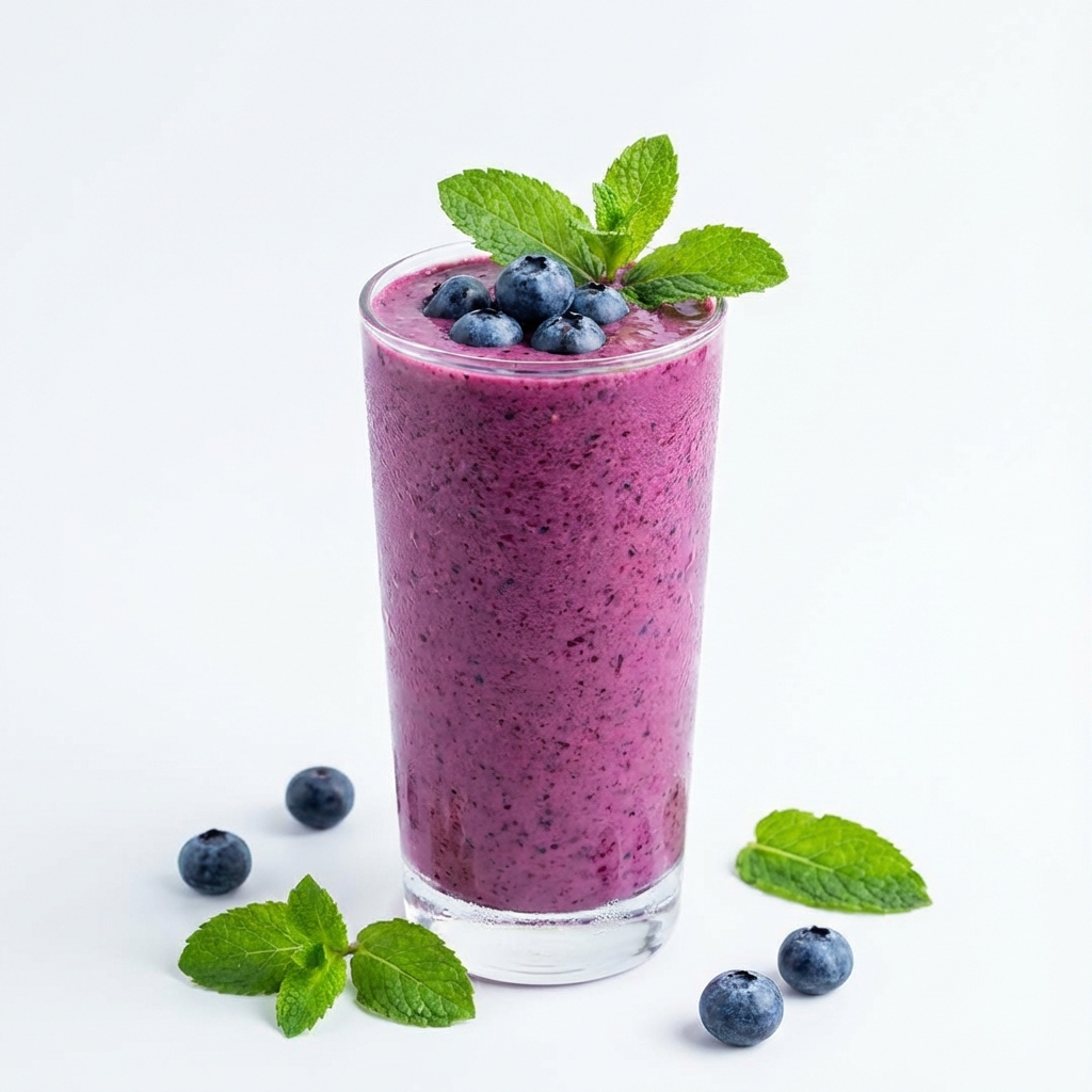 A green smoothie with fruit on a light surface