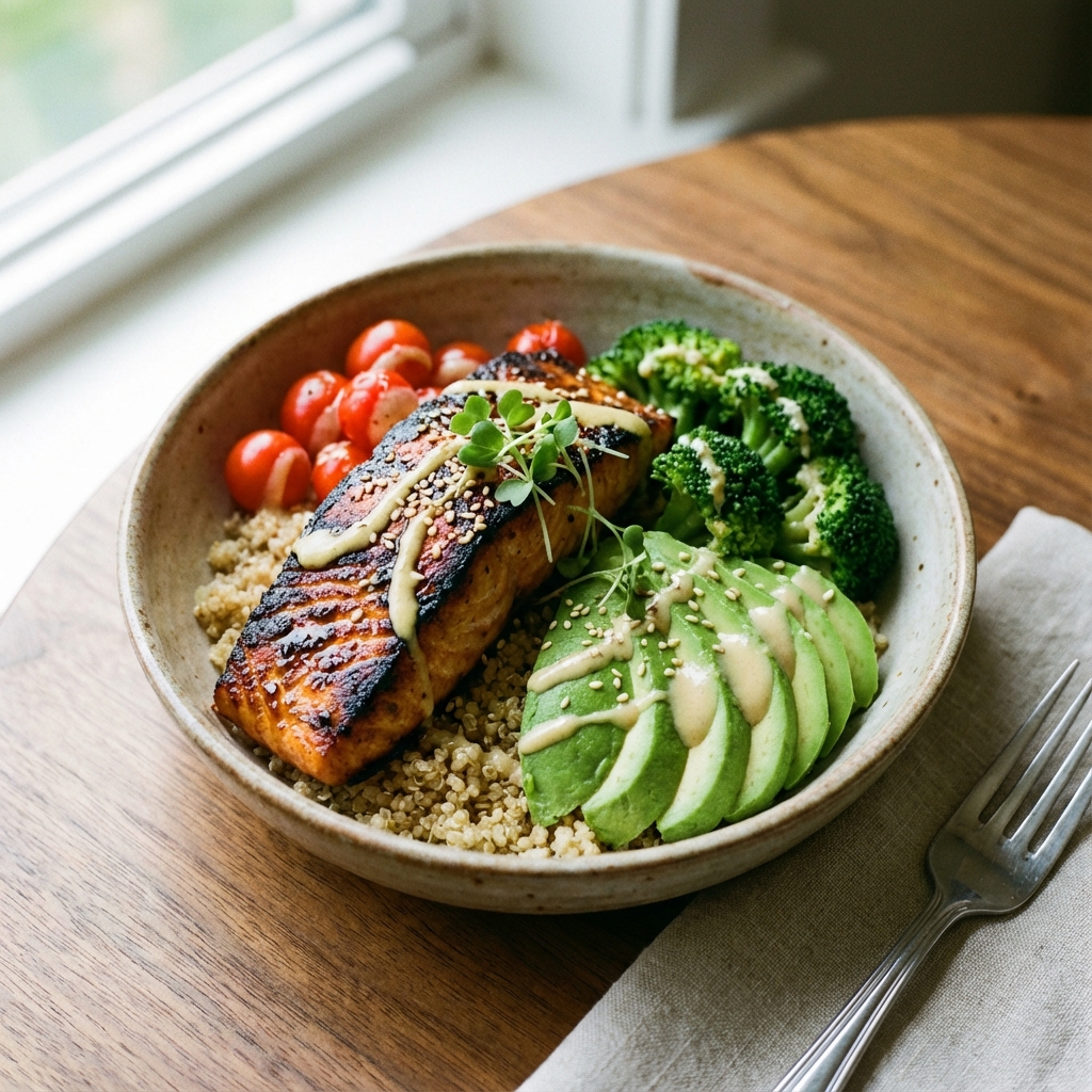 A grilled salmon bowl with vegetables and grains