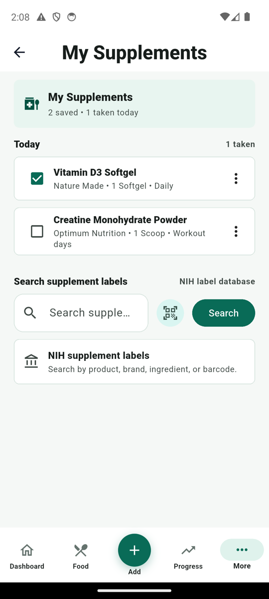 MyFitLife My Supplements screen showing supplement schedules and tracking controls